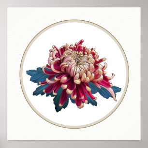 Poster chrysanthème japonais rouge et jaune cercle blanc
