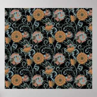 Poster Chrysanthèmes Arrière - plan noir, Vintage floral.