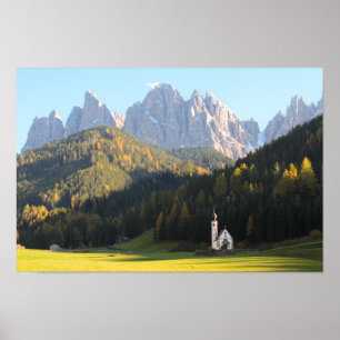 Poster Church with Dolomites mountain background