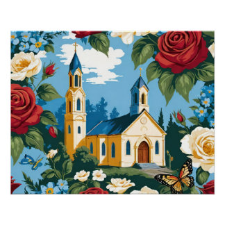 Poster Church With Roses And Butterfly