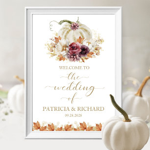 Poster Chute en amour Citrouille Floral Mariage Bienvenue