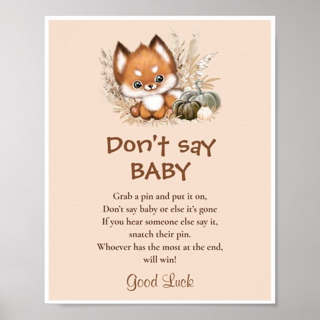 Poster Chute Fox Baby shower Ne pas dire Baby Game Sign (Devant)