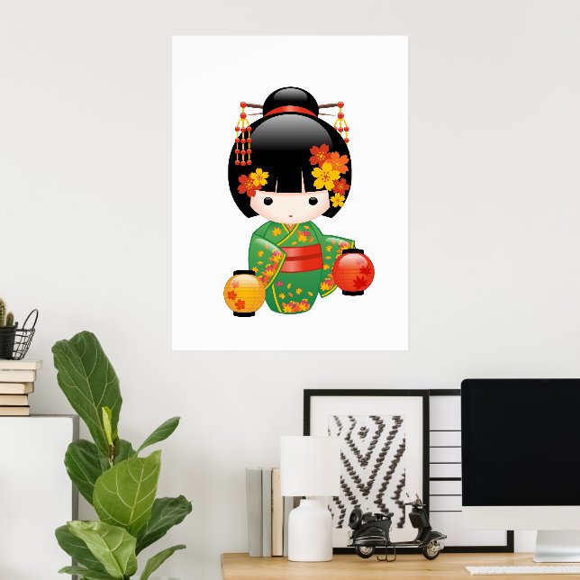 Poster Chute Poupée Kokeshi - Green Kimono Geisha Girl (Bureau à domicile)