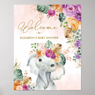 Poster Chute tropicale Baby shower floral éléphant Bienve