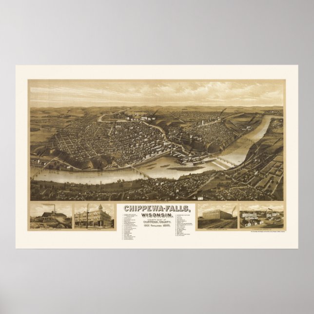 Poster Chutes de Chippewa, WI Carte panoramique - 1907 (Devant)