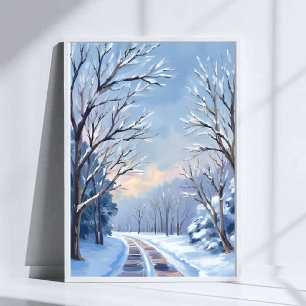 Poster Chutes de neige fraîche Route d'hiver aquarelle