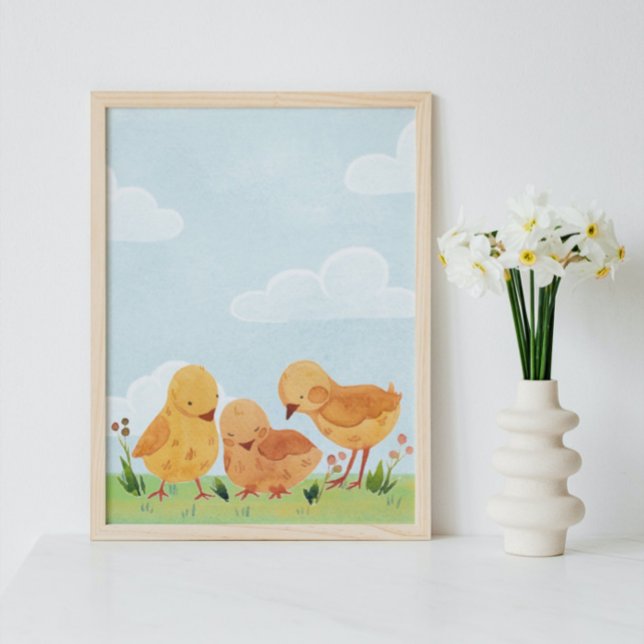 Poster Ciel bleu nuages poussins fleurs en aquarelle pour (Créateur téléchargé)