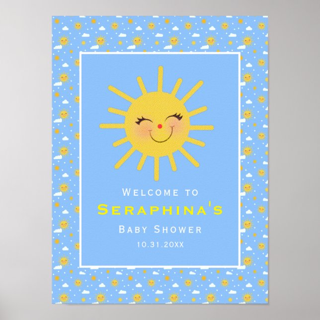 Poster Ciel bleu souriant Baby shower soleil jaune (Devant)