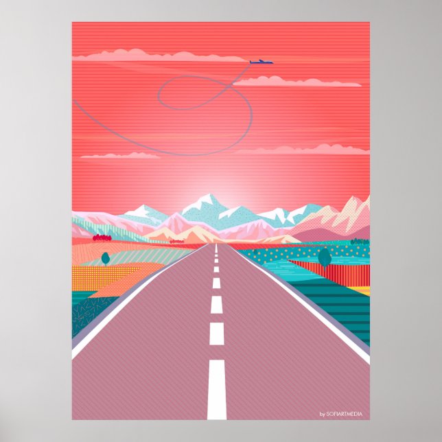 Poster Ciel de coucher de soleil d'été, Voyage sur la rou (Devant)