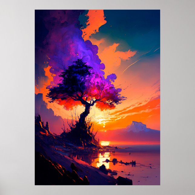 Poster Ciel de coucher orange sur l'eau avec arbre pourpr (Devant)