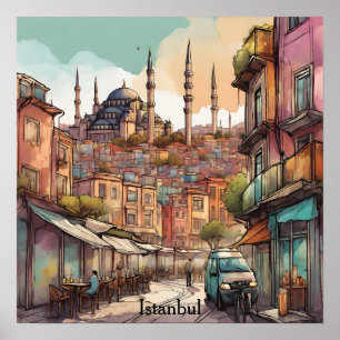 Poster Ciel d'Istanbul aquarelle coloré