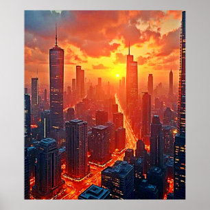 Poster Ciel Doré : Coucher de Soleil sur la Ville, Art de
