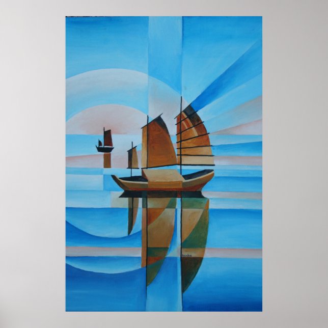 Poster Ciel doux, Mer Céruleenne et Joncs Cubistes (Devant)
