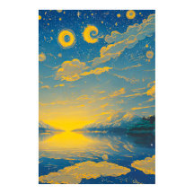 Ciel magique, Étoiles, Nuages, Lac, Peinture rétro