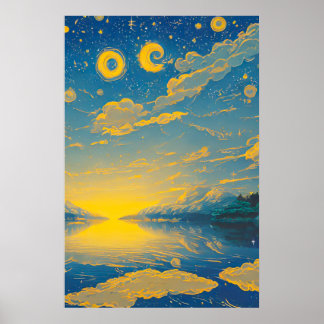 Poster Ciel magique, Étoiles, Nuages, Lac, Peinture rétro