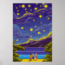 Ciel Nightscape, Étoiles, Peinture Lake Retro