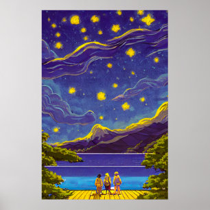 Poster Ciel Nightscape, Étoiles, Peinture Lake Retro