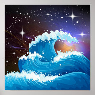 Poster Ciel nocturne avec Dessin géant Vague bleu