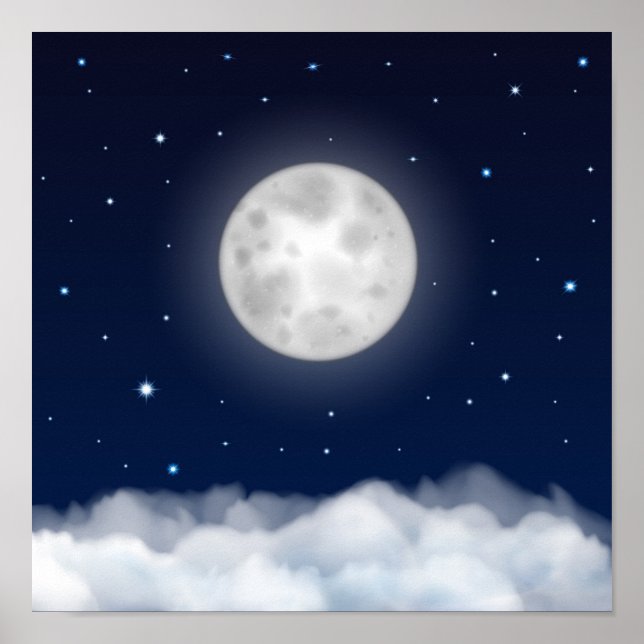 Poster Ciel nocturne avec étoiles lunes nuages (Devant)