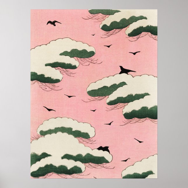 Poster Ciel rose Nuages Japonais Bois Imprimer (Devant)