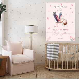 Poster Cigognes et Papillons Rose Douce pour Baby Shower