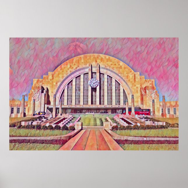 Poster Cincinnati Union Terminal Aquarelle Peinture (Devant)