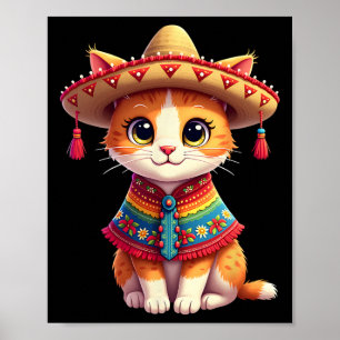 Poster Cinco De Mayo Cute Mexicaine Cat Sombrero Poncho C