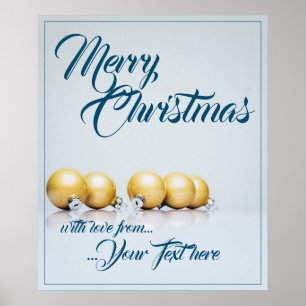 Poster Cinq boules de Noël dorées - écriture bleue