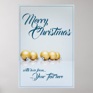 Poster Cinq boules de Noël dorées - écriture bleue