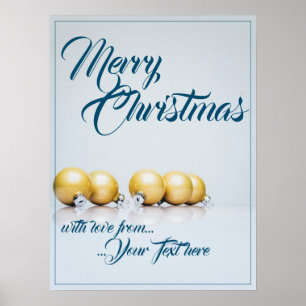Poster Cinq boules de Noël dorées - écriture bleue