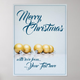 Poster Cinq boules dorées de Noël - écriture bleue