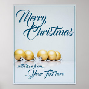 Poster Cinq boules dorées de Noël - écriture bleue