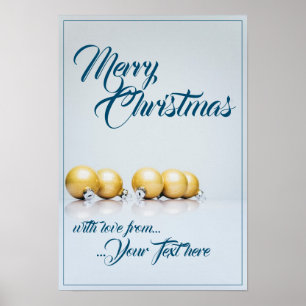 Poster Cinq boules dorées de Noël - écriture bleue