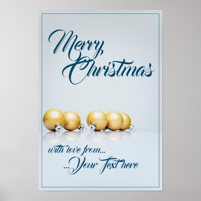 Poster Cinq boules dorées de Noël - écriture bleue (Devant)