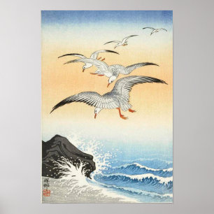Poster Cinq mouettes au-dessus d'une mer turbulente par O