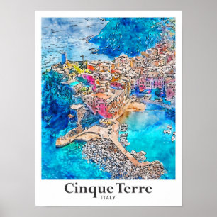 Poster Cinque Terre Italie Aquarelle Voyage Main tirée