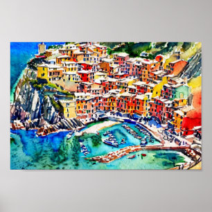 Poster Cinque Terre Italie Vintage voyage, Aquarelle