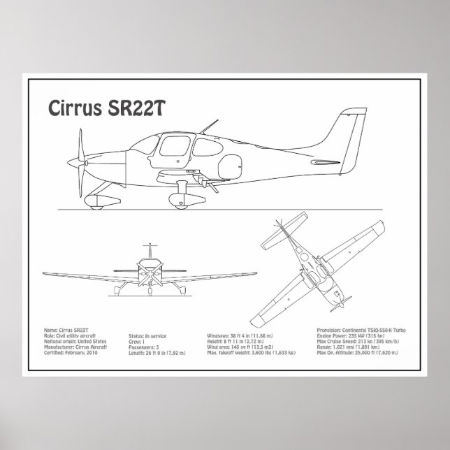 Poster Cirrus SR22T - Plans de dessin du plan d'avion BD (Devant)
