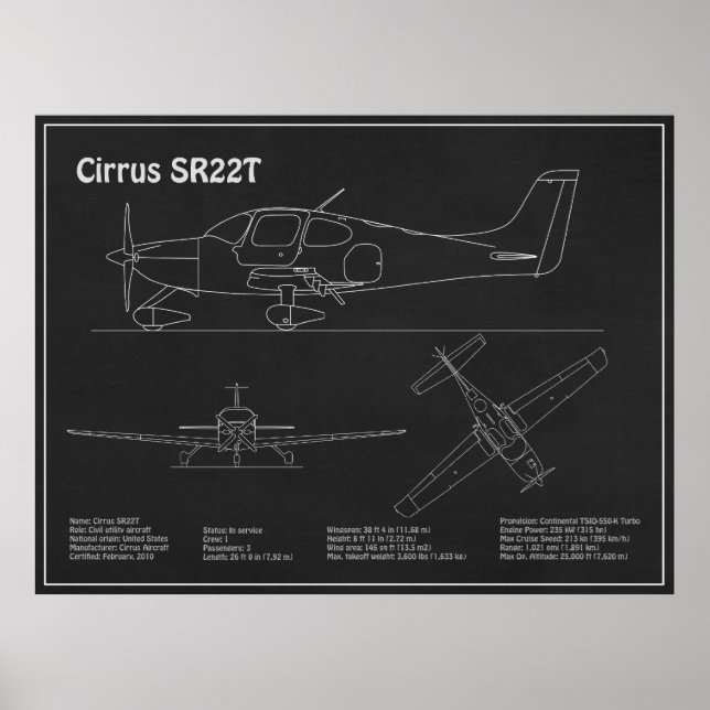 Poster Cirrus SR22T - Plans de dessin du plan d'avion PD (Devant)