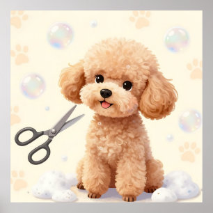 Poster Ciseaux à bulles de toilettage de caniche mignon
