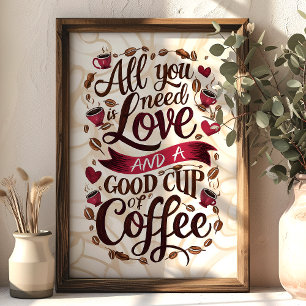 Poster Citation Amour et Café avec Cœur et Grains de Café