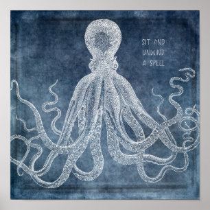 Poster Citation d'aquarelle bleu octopus twilight Vintage