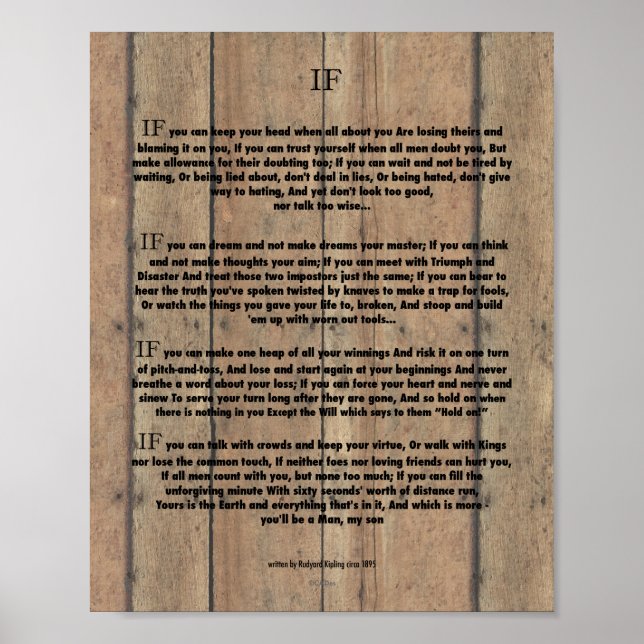 Poster Citation de Rudyard Kipling 1895 sur le bois de gr (Devant)