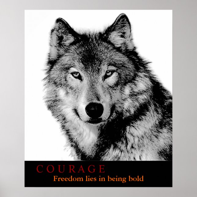 Poster Citation du Courage noir blanc Oeil de loup (Devant)