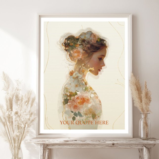 Poster Citation Personnalisée Silhouette Femme Florale Ro (Romantic Floral Woman Silhouette Custom Quote Poster with your Favorite Quote)