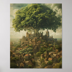 Poster Cité Médiévale Avec Arbre Géant