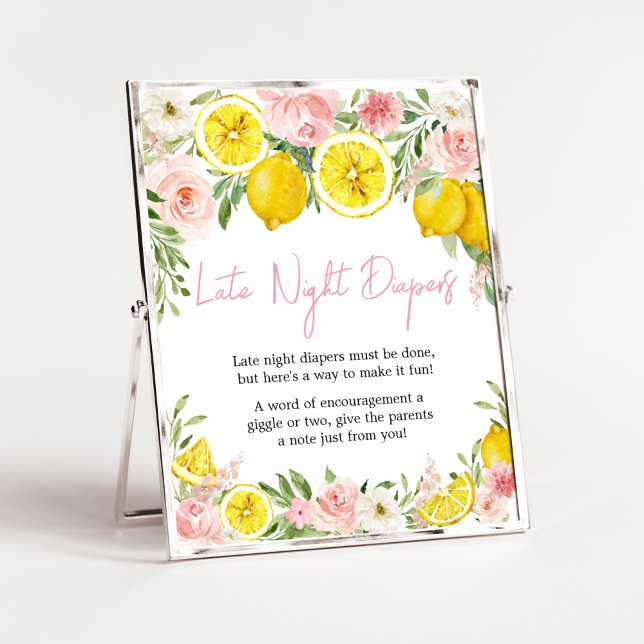 Poster Citron rose Floral Late Night Diapés (Summer Lemon Citrus Baby Shower Late Night Diapers Sign)