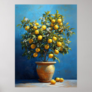 Poster Citronnier en pot de terre cuite avec fleurs