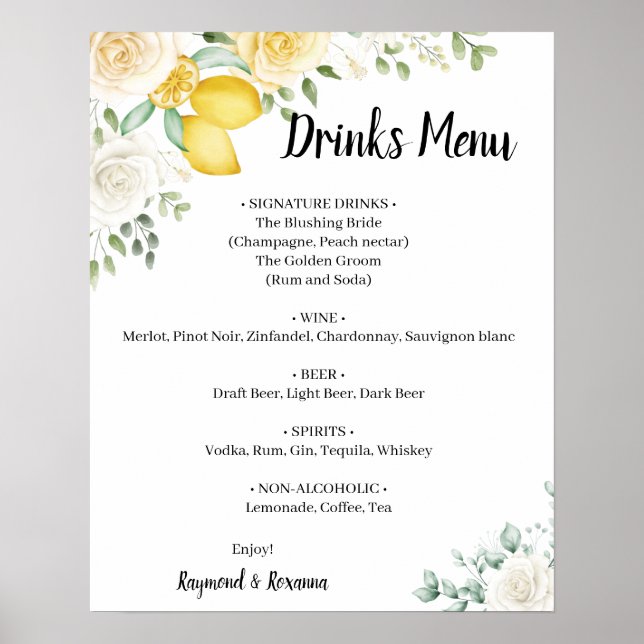 Poster Citrons et boissons Roses Menu Mariage Signer (Devant)