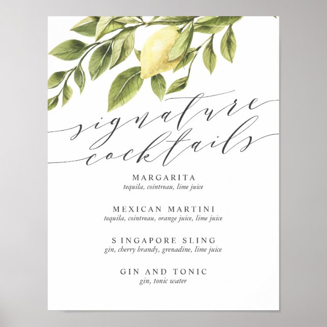 Poster Citrons et Feuille Signature Cocktail Menu V2 Sign (Devant)